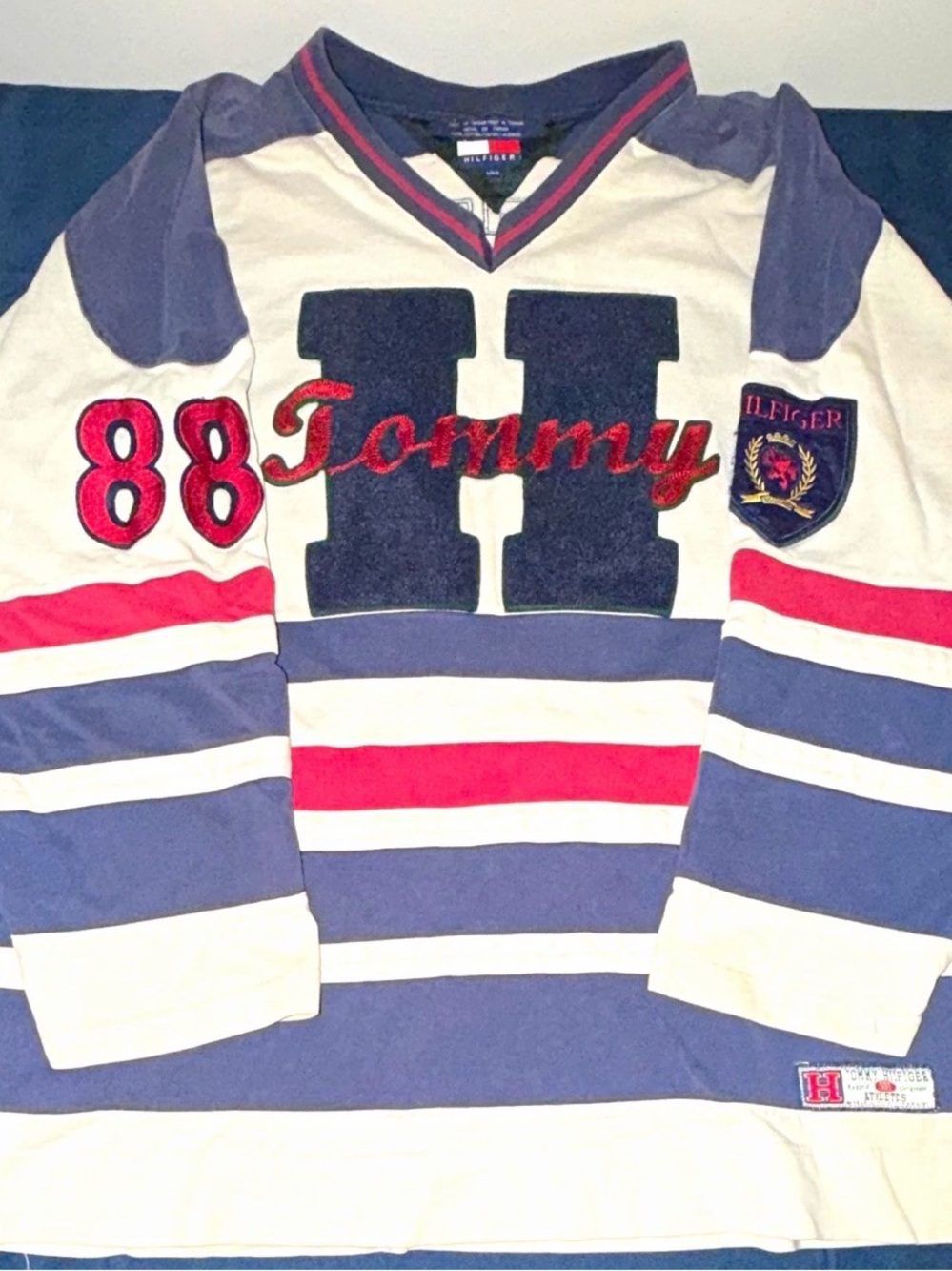 Vintage Tommy Hilfiger Mens Navy, Red & White Striped Rugby Shirt